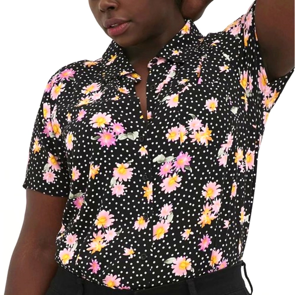 ❤️NWT TORRID FLORAL CHALLIS BUTTON BLOUSE - FLORAL PRINT POLKA DOT, PLUS SIZE 1X